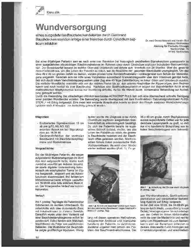 Vorschauseite 1: Wundversorgung eines ausgedehnten Bauchdeckendefektes durch Gasbrand Bauchdeckenresektion infolge einer Nekrose durch Clostidium septicum Infektion