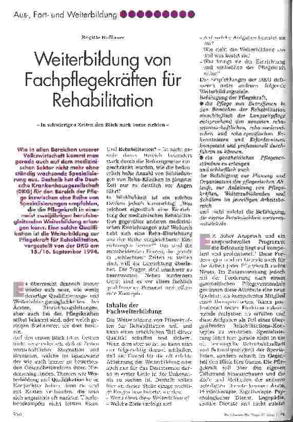 Vorschauseite 1: Weiterbildung von Fachpflegekräften für Rehabilitation In schwierigen Zeiten den Blick nach vorne richten