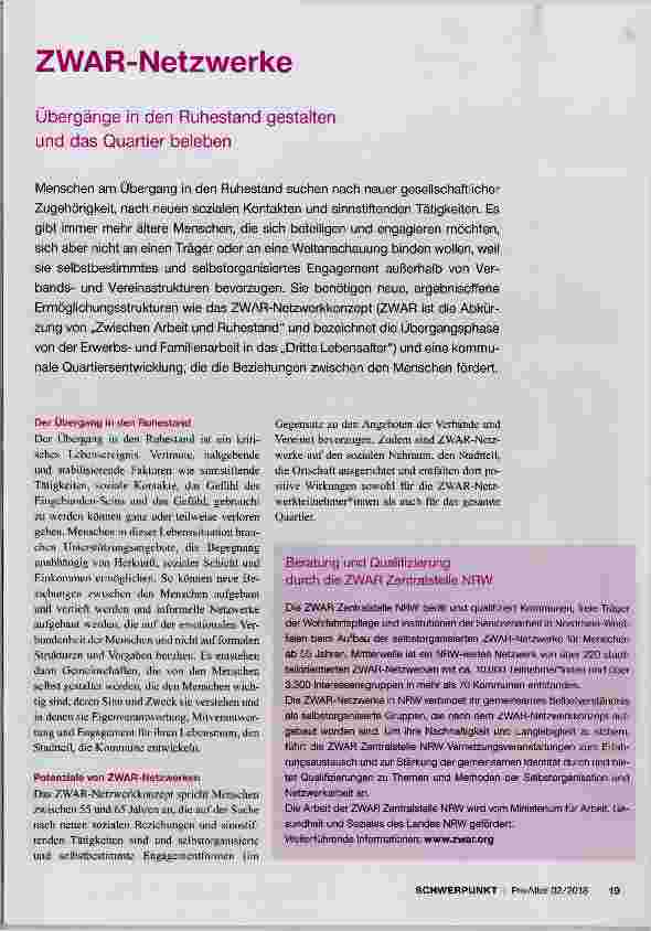 Vorschauseite 1: ZWAR-Netzwerke Übergänge in den Ruhestand gestalten und das Quartier beleben