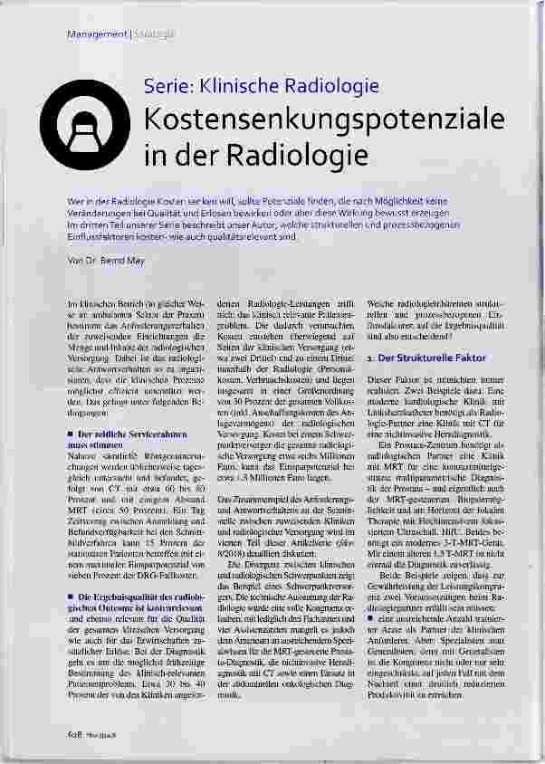 Vorschauseite 1: Serie: Klinische Radiologie Kostensenkungspotenziale in der Radiologie