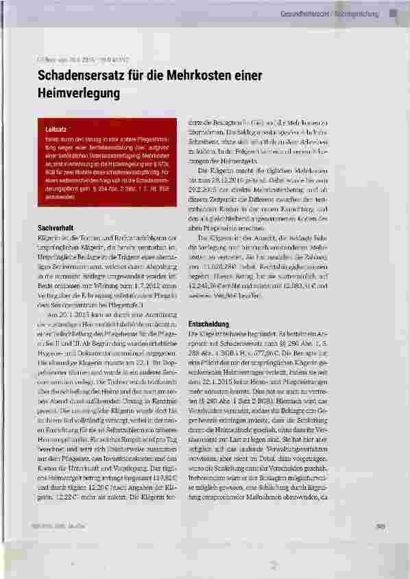 Vorschauseite 1: Schadensersatz für die Mehrkosten einer Heimverlegung