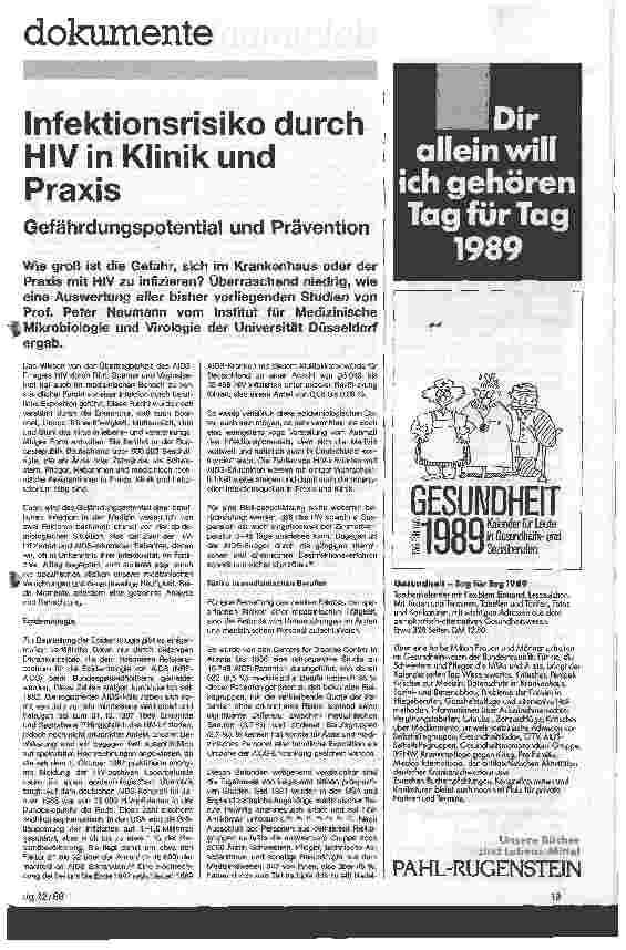 Vorschauseite 1: Infektionsrisiko durch HIV in Klinik und Praxis Gefährdungspotential und Prävention