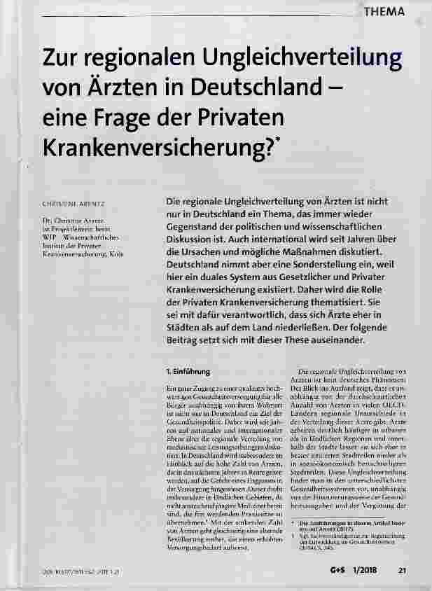 Vorschauseite 1: Zur regionalen Ungleichverteilung von Ärzten in Deutschland eine Frage der Privaten Krankenversicherung?