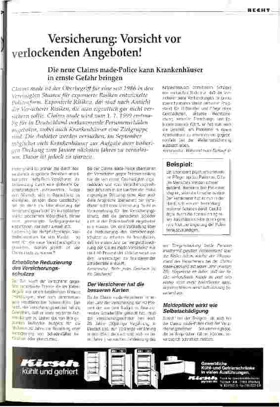 Vorschauseite 1: Versicherung: Vorsicht vor verlockenden Angeboten! Die neue Claims made-Police kann Krankenhäuser in ernste Gefahr bringen