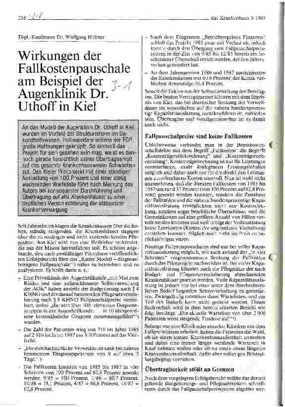 Vorschauseite 1: Wirkungen der Fallkostenpauschale am Beispiel der Augenklinik Dr. Uthoff in Kiel