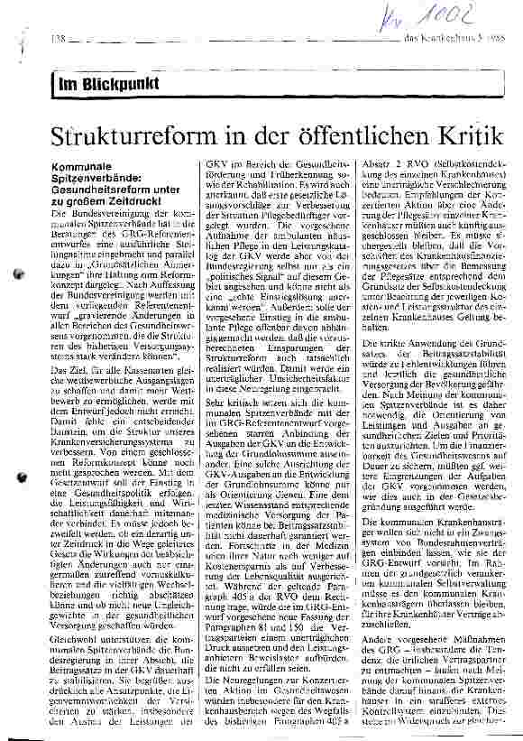 Vorschauseite 1: Strukturreform in der öffentlichen Kritik Kommunale Spitzenverbände: Gesundheitsreform unter z.starkem Zeitdruck