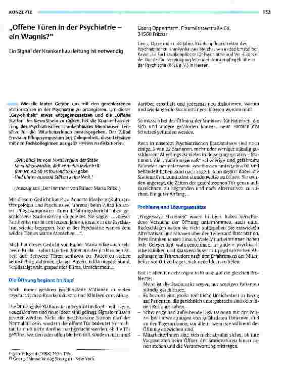 Vorschauseite 1: Offene Türen in der Psychiatrie - ein Wagnis? Ein Signal der Krankenhausleitung ist notwendig