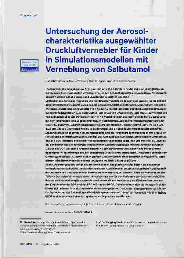 Vorschauseite 1: Untersuchung der Aerosolcharakteristika ausgewählter Druckluftvernebler für Kinder in Simulationsmodellen mit Verneblung von Salbutamol