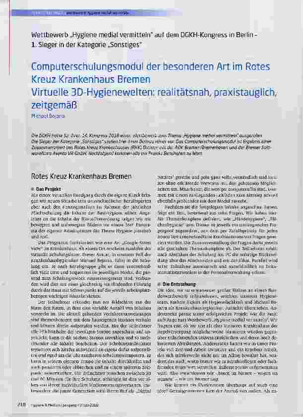 Vorschauseite 1: Computerschulungsmodul der besonderen Art im Rotes Kreuz Krankenhaus BremenVirtuelle 3D-Hygienewelten: realitätsnah, praxistauglich, zeitgemäß