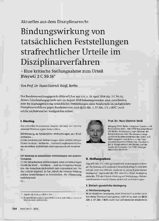 Vorschauseite 1: Bindungswirkung von tatsächlichen Feststellungen strafrechtlicher Urteile im Disziplinarverfahren