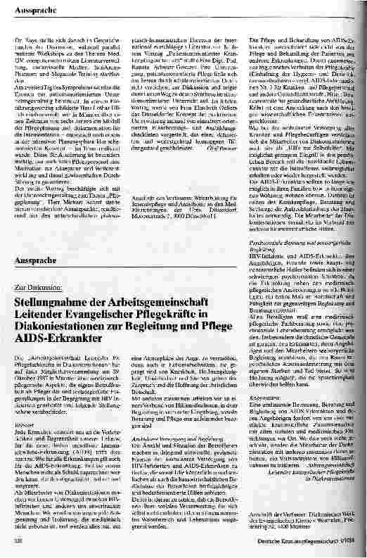 Vorschauseite 1: Stellungsnahme der Arbeitsgemeinschaft Leitender Evangelischer Pflegekräfte in Diakoniestationen zur Begleitung u. Pflege AIDS-Erkrankter