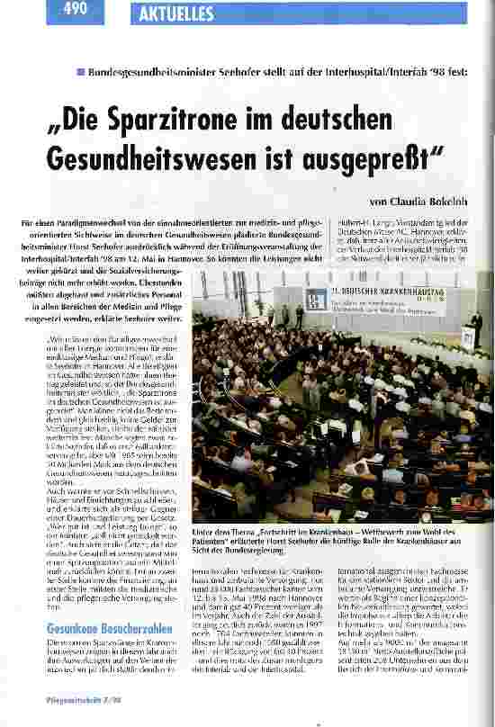 Vorschauseite 1: Bundesgesundheitsminister Seehofer stellt auf der Interhospital/Interfab #98 fest: Die Sparzitrone im deutschen Gesundheitswesen ist ausgepräßt