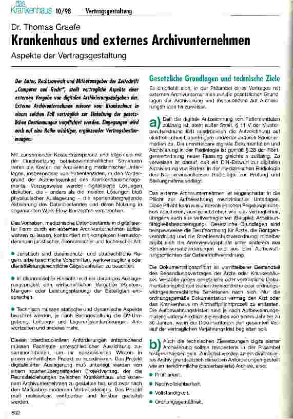 Vorschauseite 1: Krankenhaus und externes Archivierungsunternehmen Aspekte der Vertragsgestaltung
