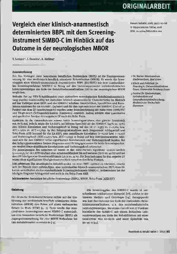 Vorschauseite 1: Vergleich einer klinisch-anamnestisch determinierten BBPL mit dem Screeninginstrument SIMBO-C im Hinblick auf das Outcome in der neurologischen MBOR