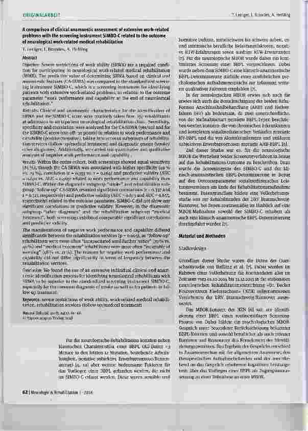 Vorschauseite 2: Vergleich einer klinisch-anamnestisch determinierten BBPL mit dem Screeninginstrument SIMBO-C im Hinblick auf das Outcome in der neurologischen MBOR