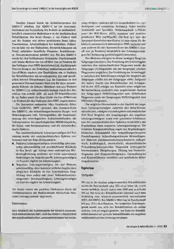 Vorschauseite 3: Vergleich einer klinisch-anamnestisch determinierten BBPL mit dem Screeninginstrument SIMBO-C im Hinblick auf das Outcome in der neurologischen MBOR