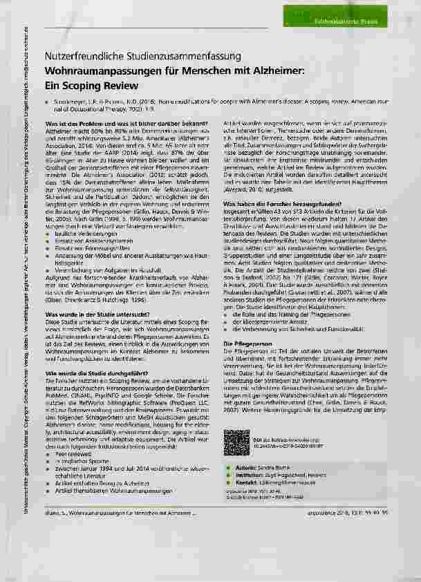 Vorschauseite 1: Nutzerfreundliche Studienzusammenfassung Wohnraumanpassungen für Menschen mit Alzheimer:Ein Scoping Review