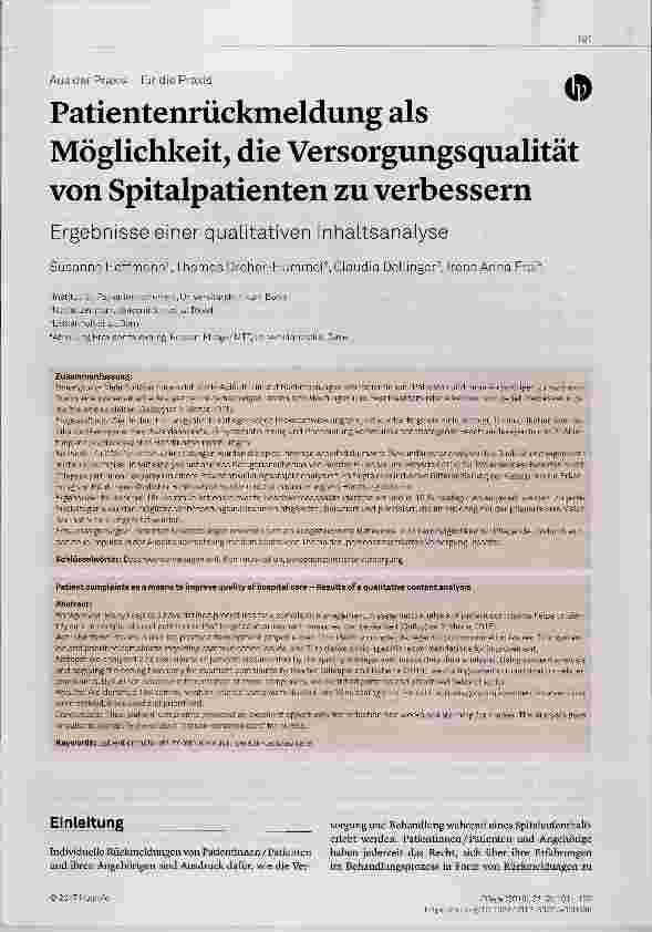 Vorschauseite 1: Patientenrückmeldung als Möglichkeit, die Versorgungsqualität von Spitalpatienten zu verbessern