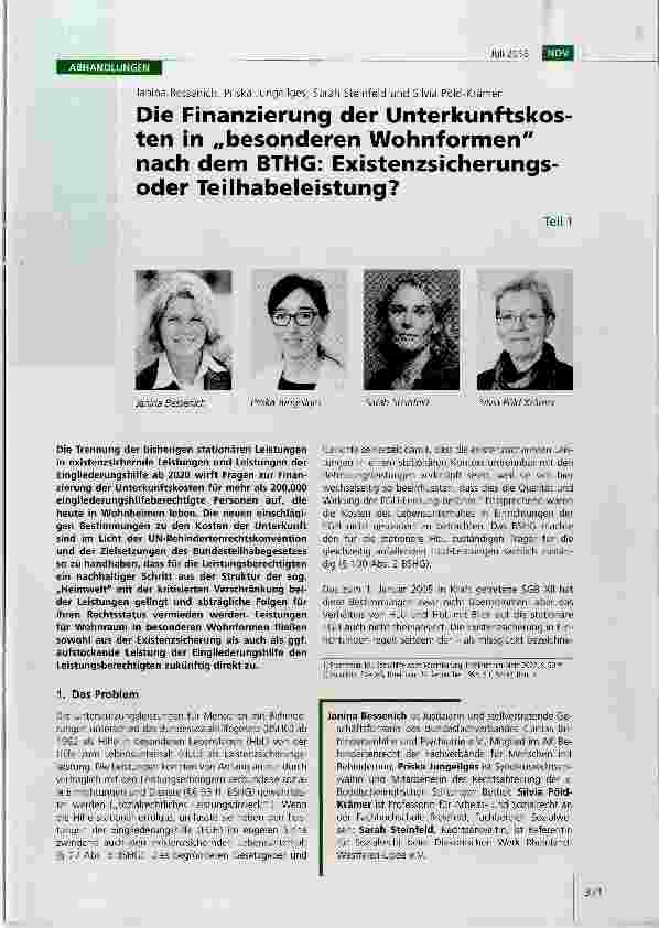 Vorschauseite 1: Die Finanzierung der Unterkunftskosten in „besonderen Wohnformen nach dem BTHG: Existenzsicherungsoder Teilhabeleistung? Teil 1