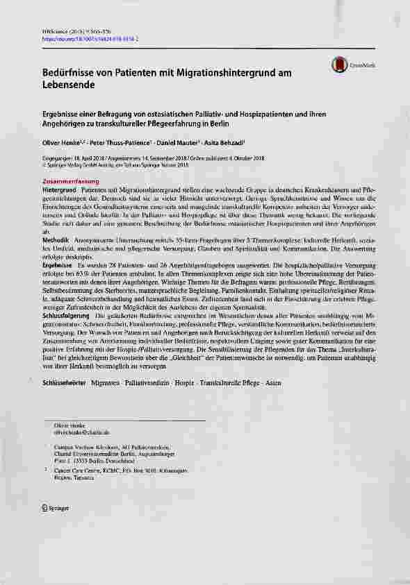 Vorschauseite 1: Bedürfnisse von Patienten mit Migrationshintergrund am Lebensende