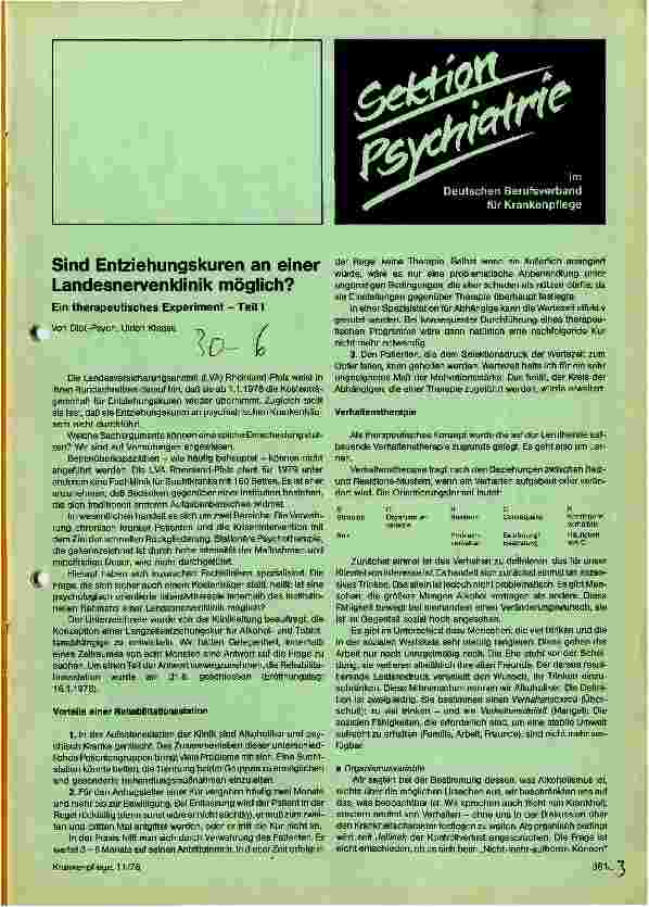 Vorschauseite 1: Sind Entziehungskuren an einer Landesnervenklinik möglich? Ein therapeutisches Experiment - Teil 1