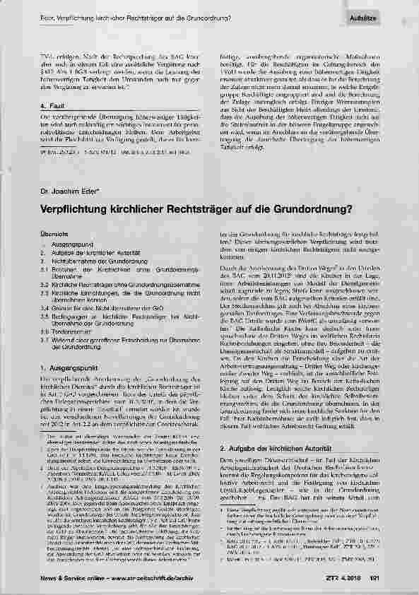 Vorschauseite 1: Verpflichtung kirchlicher Rechtsträger auf die Grundordnung?