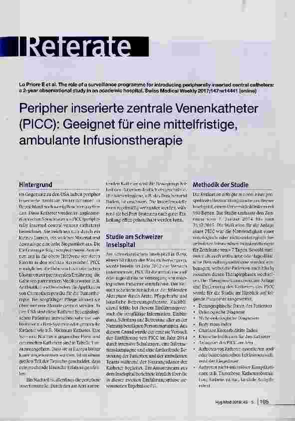 Vorschauseite 1: Peripher inserierte zentrale Venenkatheter (PICC): Geeignet für eine mittelfristige, ambulante Infusionstherapie
