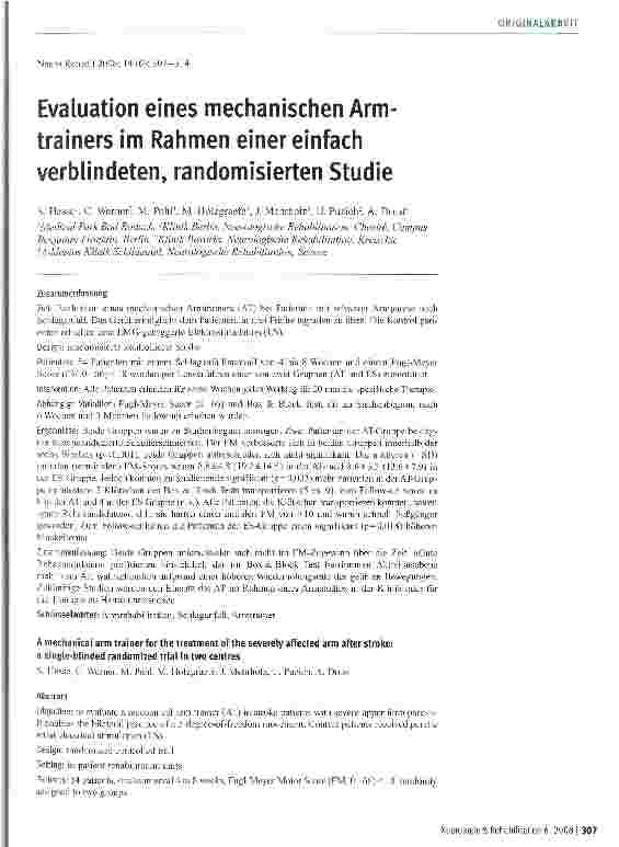 Vorschauseite 1: Evaluation eines mechanischen Armtrainers im Rahmen einer einfach verbündeten, randomisierten Studie