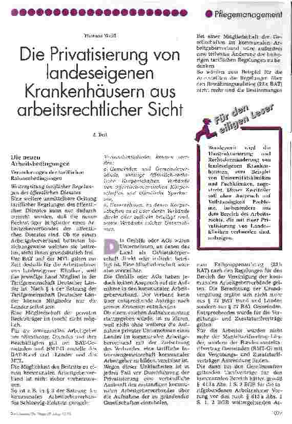 Vorschauseite 1: Die Privatisierung von landeseigenen Krankenhäusern aus arbeitsrechtlicher Sicht. 2. Teil