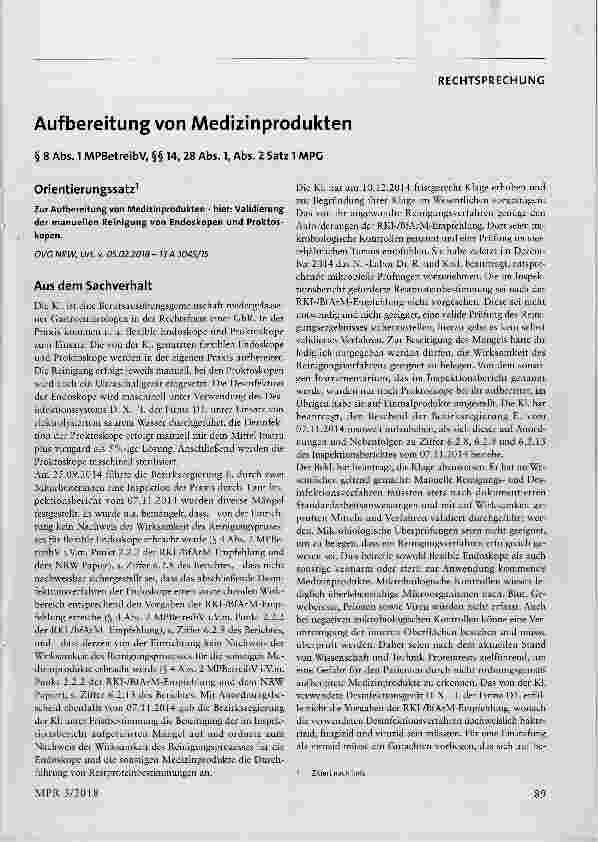 Vorschauseite 1: Aufbereitung von Medizinprodukten § 8 Abs. 1 MPBetreibV, §§ 14, 28 Abs. 1, Abs. 2 Satz 1 MPG