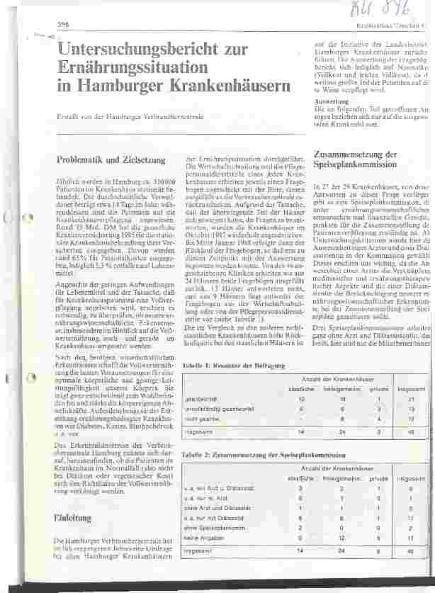Vorschauseite 1: Untersuchungsbericht zur Ernährungssituation in Hamburger Krankenhäusern
