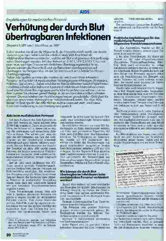 Vorschauseite 1: Verhütung der durch Blut übertragbaren Infektionen Empfehlung für medizinisches Personal (Hepatitis B, HIV usw Stand 2/88