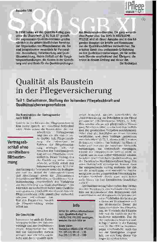 Vorschauseite 1: Qualität als Baustein in der Pflegeversicherung Teil I: Definitionen, Stellung der leitenden Pflegefachkraft und Qualitätssicherungsverfahren