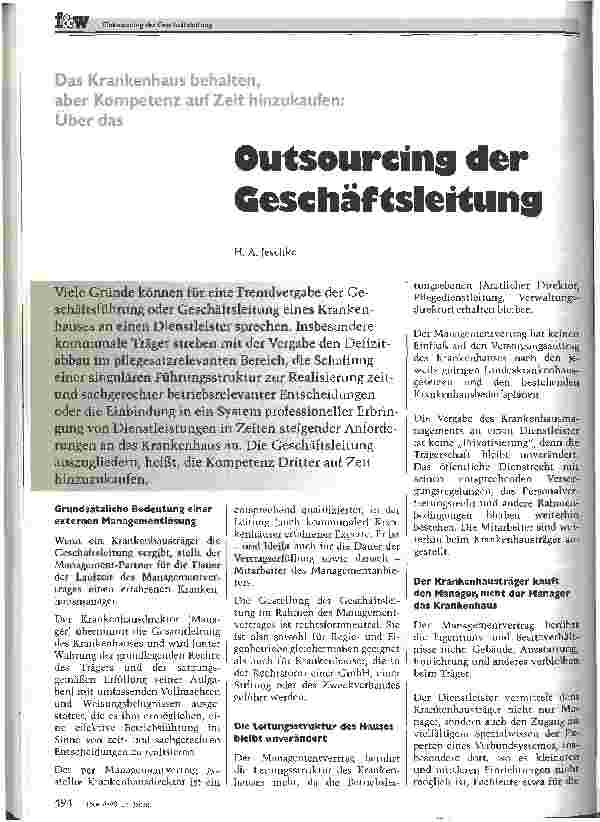 Vorschauseite 1: Outsourcing der Geschäftsleitung Das Krankenhaus behalten, aber Kompetenz auf Zeit hinzukaufen