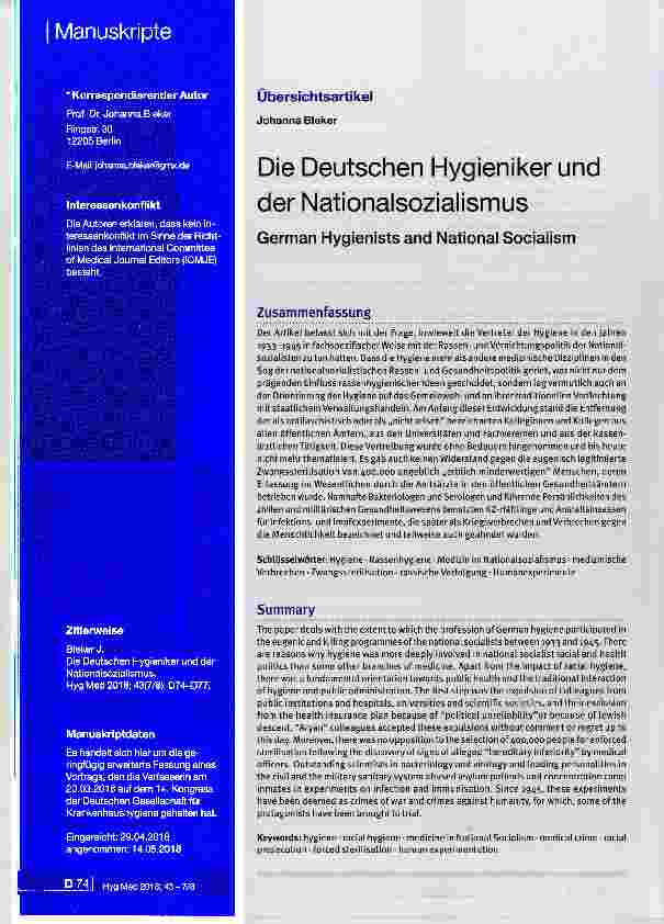Vorschauseite 1: Die Deutschen Hygieniker und der Nationalsozialismus