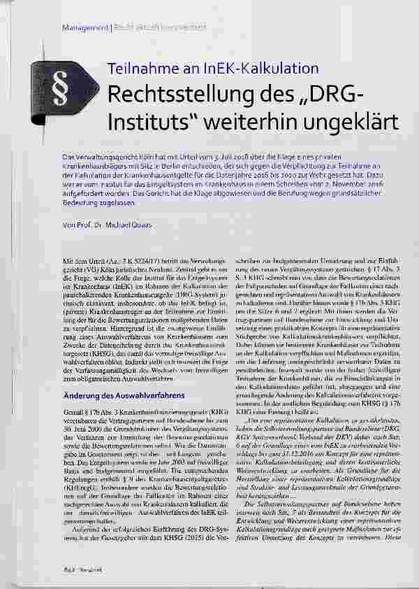 Vorschauseite 1: Rechtsstellung des„DRG- Instituts weiterhin ungeklärt