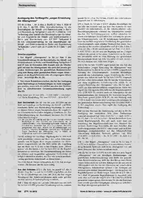 Vorschauseite 1: Auslegung des Tarifbegriffs „wegen Erreichung der Altersgrenze“