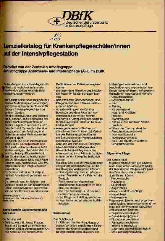 Vorschauseite 1: Lernzielkatalog für Krankenpflegeschüler/innen auf der Intensivstation