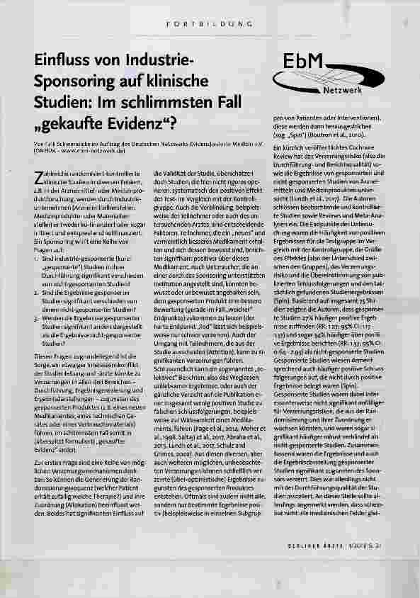 Vorschauseite 1: Einfluss von Industrie-Sponsoring auf klinische Studien: Im schlimmsten Fall „gekaufte Evidenz“?