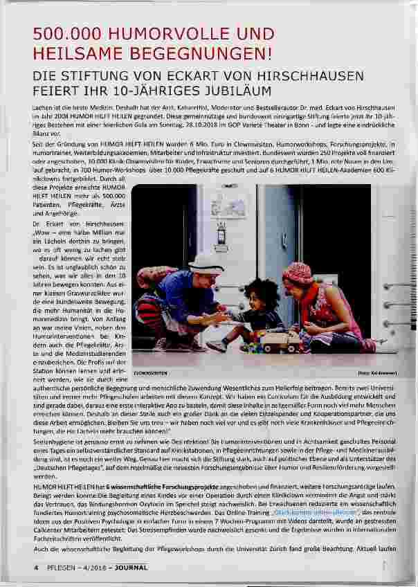 Vorschauseite 1: 500.000 HUMORVOLLE UND HEILSAME BEGEGNUNGEN! DIE STIFTUNG VON ECKART VON HIRSCHHAUSEN FEIERT IHR 10-JÄHRIGES JUBILÄUM