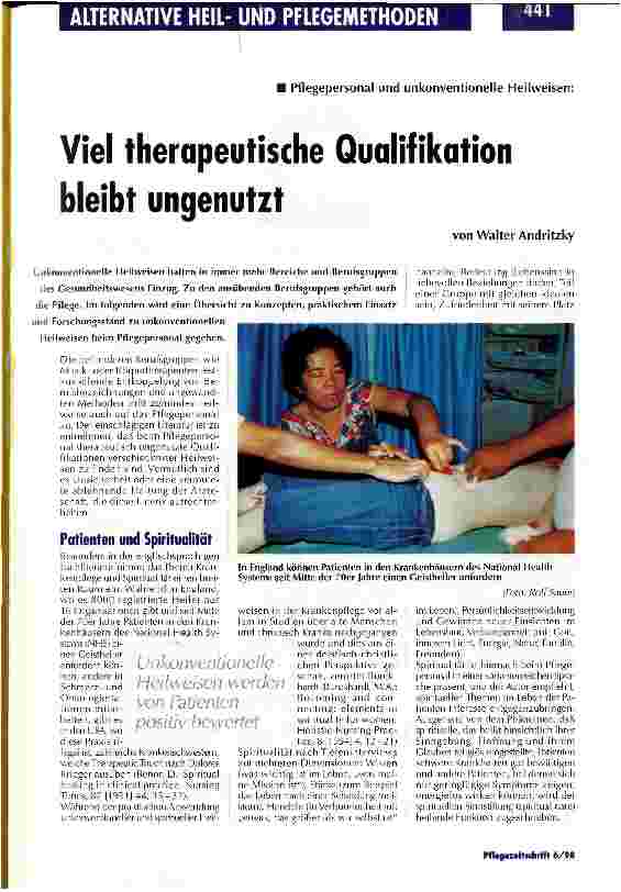 Vorschauseite 1: Viel therapeutische Qualifikation bleibt ungenutzt Pflegepersonal und unkonventionelle Heilweisen