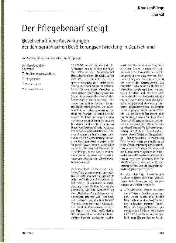 Vorschauseite 1: Der Pflegebedarf steigt Gesellschaftliche Auswirkungen der demographischen Bevölkerungsentwicklung in Deutschland