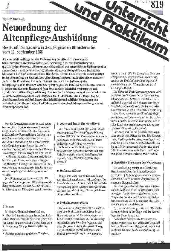Vorschauseite 1: Baden-Württemberg: Neuordnung der Altenpflege-Ausbildung