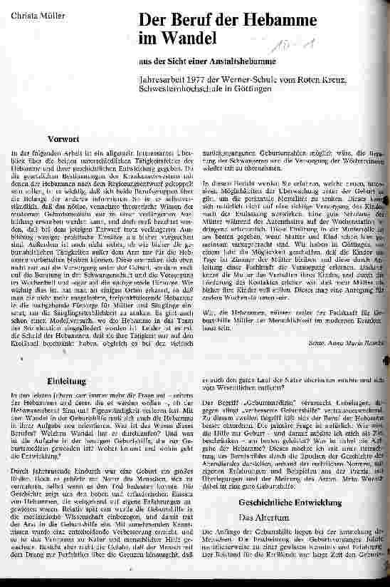 Vorschauseite 1: Der Beruf der Hebamme im Wandel aus der Sicht einer Anstaltshebamme