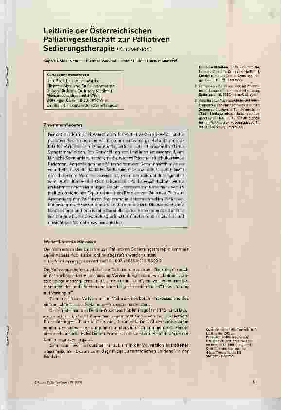 Vorschauseite 1: Leitlinie der Österreichischen Palliativgesellschaft zur Palliativen Sedierungstherapie