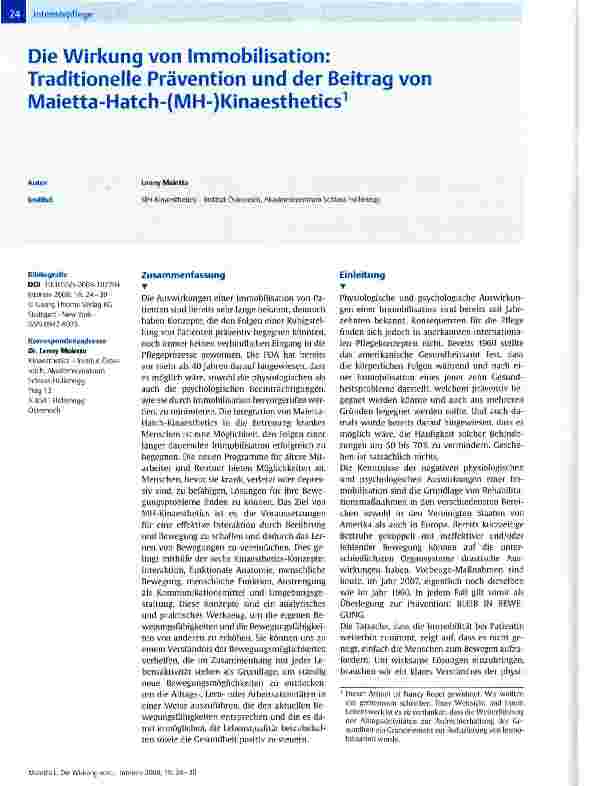 Vorschauseite 1: Die Wirkung von Immobilisation: Traditionelle Prävention und der Beitrag von Maietta-Hatch-(MH-)Kinaesthetics