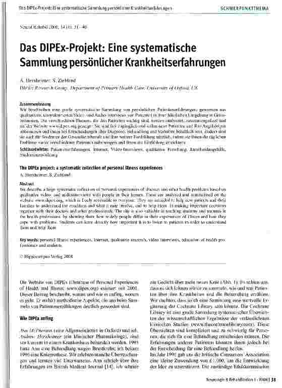 Vorschauseite 1: Das DIPEx-Projekt: Eine systematische Sammlung persönlicher Krankheitserfahrungen