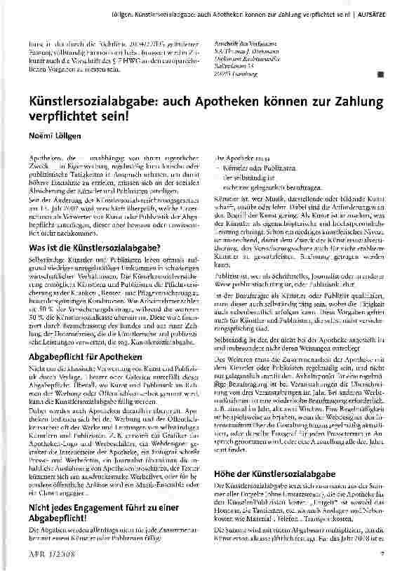 Vorschauseite 1: Künstlersozialabgabe: auch Apotheken können zur Zahlung verpflichtet sein!