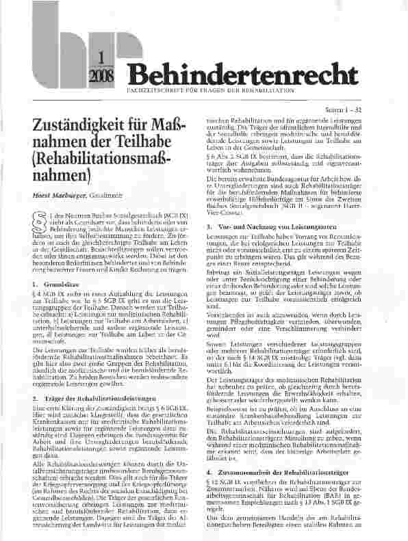 Vorschauseite 1: Zuständigkeit für Maßnahmen der Teilhabe (Rehabilitationsmaßnahmen)