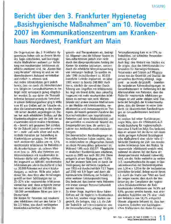 Vorschauseite 1: Bericht über den 3. Frankfurter Hygienetag „Basishygienische Maßnahmen am 10. November 2007 im Kommunikationszentrum am Krankenhaus Nordwest, Frankfurt am Main